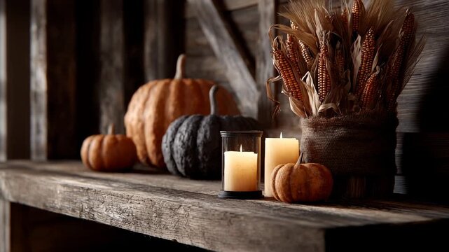 Autumn harvest decorations with pumpkins and candles on wooden shelf in rustic setting - Powered by Adobe