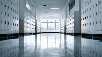Soft-Focused School Hallway with Rows of Lockers