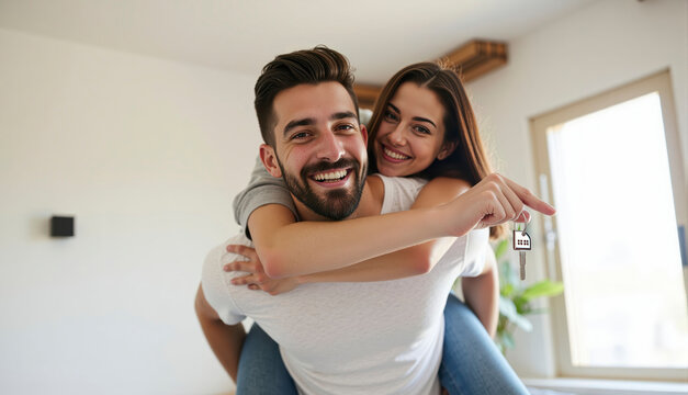 Pareja abraz&aacute;ndose con sonrisas radiantes en un ambiente hogare&ntilde;o lleno de calidez y amor compartido