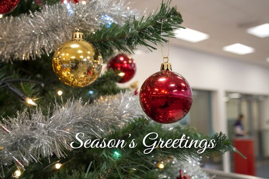 Red and gold baubles with silver tinsel on Christmas tree indoors perfect for holiday greeting cards, seasonal decor themes and festive celebration design projects for winter promotions - Powered by Adobe