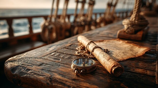 Close-up of old nautical compass and parchment map, warm morning light on wooden table, ship deck background, Columbus Day symbol