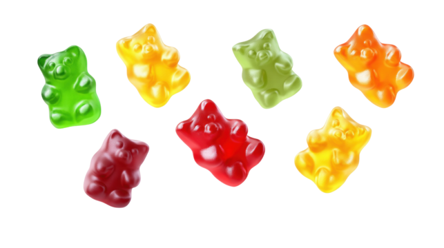 Gummy bear candy isolated on transparent background with colorful sweet treats
