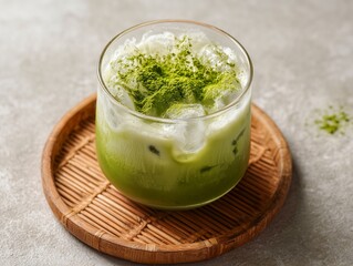 A refreshing matcha drink, showcasing vibrant green hues, served in a glass with ice cubes and topped with matcha powder, displayed on a bamboo tray.