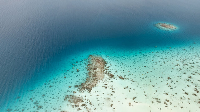 Aerial view of turquoise waters gently kiss the coral reefs, revealing a vibrant underwater world, Fakarava, Iles Tuamotu-Gambier, French Polynesia.