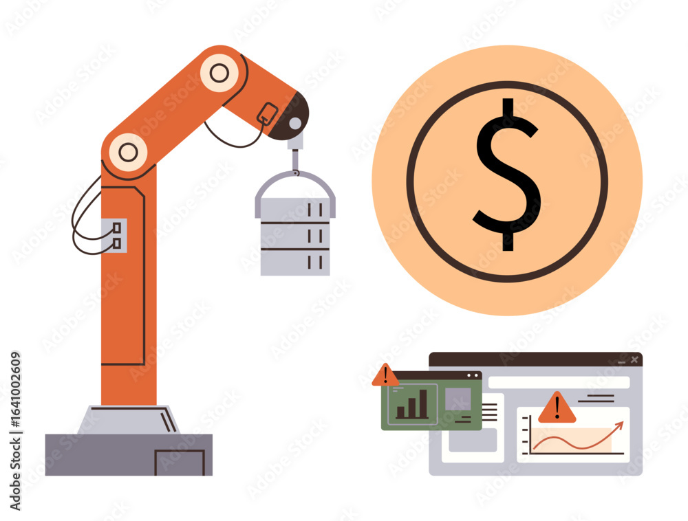 Poster robotic arm lifting an object, screen with analytics and warnings, and dollar icon. ideal for automa