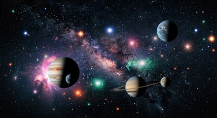 Naklejka premium Cosmic ballet of planets nebulae and starlight in a vibrant interstellar canvas