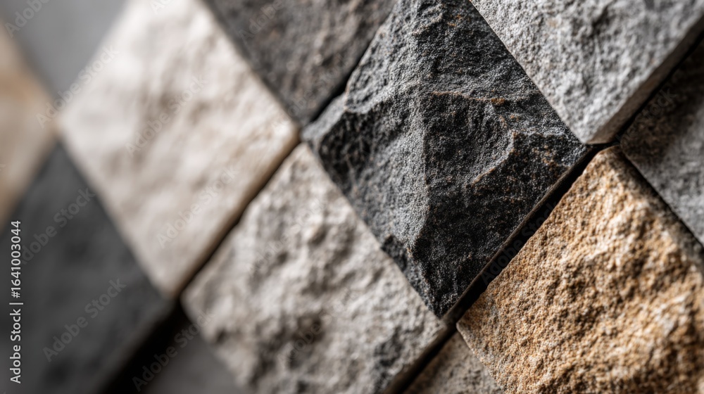 Poster textured stone cladding close-up: architectural detail and natural stone facade for design and const