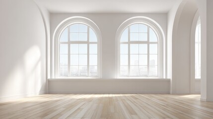 Fototapeta premium Bright Empty Room with Arched Windows: Modern Interior Design with Natural Light and Wooden Floor