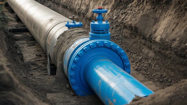 Large Underground Water Pipeline with Blue Control Valve Installed in Trench for Municipal Infrastructure and Utility Distribution System

