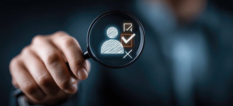 A hand holding a magnifying glass focusing on a person icon with check and cross symbols