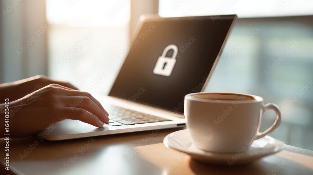 Poster cybersecurity on laptop with coffee: protecting digital assets with strong encryption and data priva
