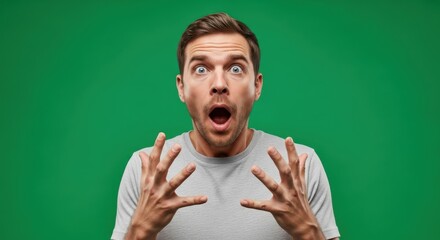 Astonished man with open mouth raising hands on green screen background