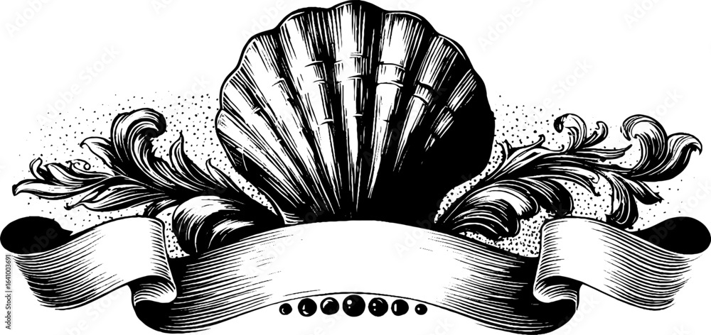 Poster elegant rococo shell and scroll design with banner for decorative projects