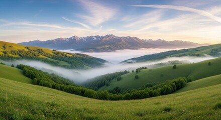 Rolling green hills bathed in morning light with a blanket of fog and distant mountains a serene landscape