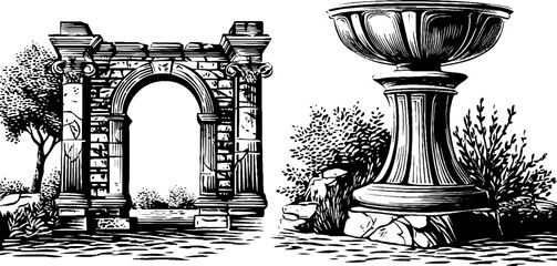 Engraved architectural illustrations of roman arch and bath elements