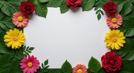 Fototapeta premium Floral Frame: a vibrant floral arrangement with delicate flowers and lush leaves frames a central, inviting space, creating an eye-catching botanical border.
