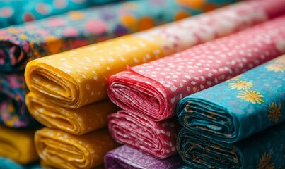 Close-up of colorful beeswax wraps, highlighting their use as a sustainable alternative to plastic wrap for food storage, Generative AI