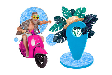 Creative abstract template graphics collage image of cool senior guy riding retro moped new trip...