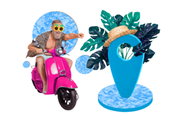 Creative abstract template graphics collage image of cool senior guy riding retro moped new trip isolated colorful yellow background