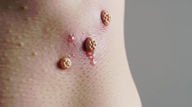 Shingles Rash With Painful Red Blisters Along Ribcage On Light Grey Background For Medical Education