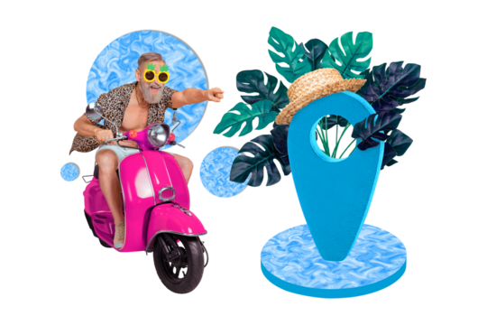 Creative abstract template graphics collage image of cool senior guy riding retro moped new trip isolated colorful yellow background