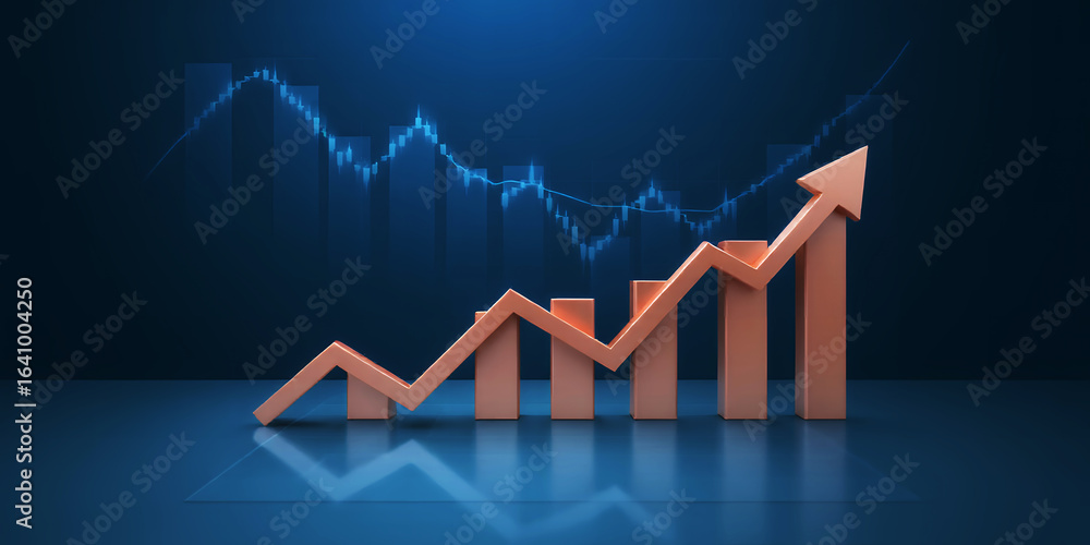 Poster an upward trending arrow and bar graph against a blue background with a line graph behind