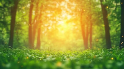Obraz premium Serene forest landscape bathed in golden light during early morning hours