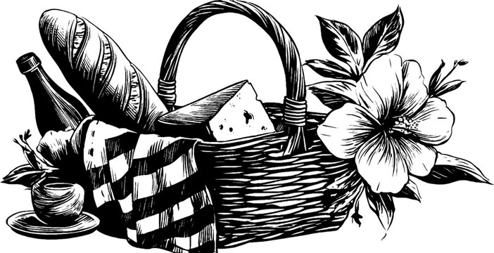 Vintage spring picnic basket with bread, cheese, wine, and floral accents for design inspiration - Powered by Adobe