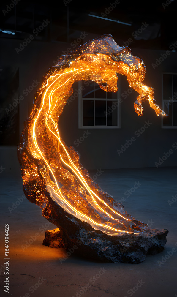 Poster sculptural illuminated art piece with flowing warm light elements abstract modern design enhancing i