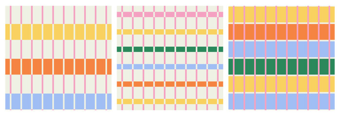 Set of abstract seamless modern simple geometric colorful patterns of multi-colored checkered lines, distorted chessboard, striped pattern on light background; simple vector illustration, flat style