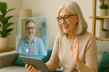 Happy senior woman making a video call with digital tablet at home