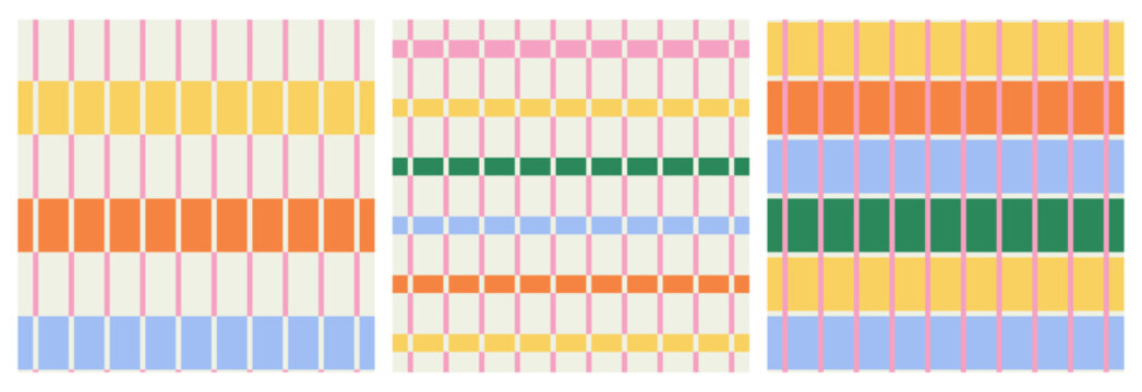 Set of  abstract seamless modern simple geometric colorful patterns of multi-colored checkered lines, distorted chessboard, striped pattern on light background; simple vector illustration, flat style