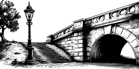 Fototapeta premium Vintage engraved illustration of stone arch bridge with lamp post and tree in retro style for design