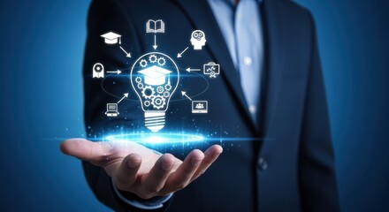 Conceptual Business Vision: Man Holding Light Bulb with Education and Knowledge Icons on Blue