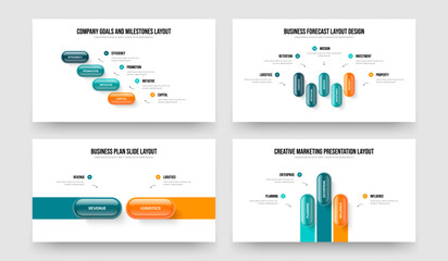 Creative Campaign 4 5 2 3 Element Diagram Slide Layout Collection. Product Planning Four Five Two Three Step Infographic Presentation Design Vector Illustration Bundle.