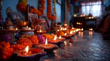 Fototapeta premium Warmly lit Indian living room with marigold garlands and glowing diyas, serene Diwali festival decoration
