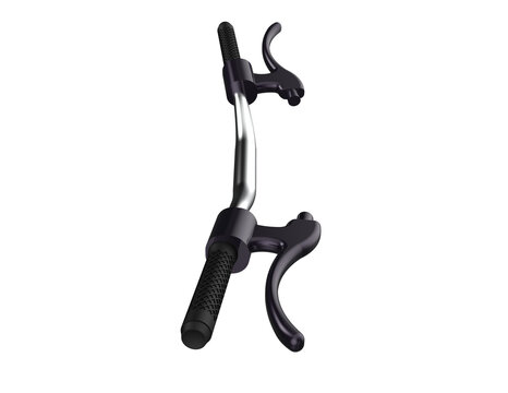 Professional Studio Shot 3D Model of Silver Chrome Bicycle Handlebar Component Featuring Black Grips and Integrated Speed Brake Levers, Cutout HD PNG for Transport and Sports Accessory Design. - Powered by Adobe