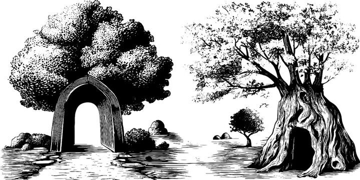 Vintage engraved illustration set of tree arch and hollow tree gateway for retro design