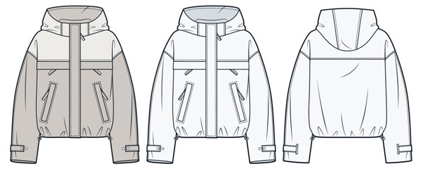 Unisex Rain Jacket with Hood Technical Fashion Sketch. Windbreaker Jacket fashion flat technical drawing template, front zipper, drawstring, front, back view, two tone, women, men, unisex CAD mockup. © Liubov Hladka