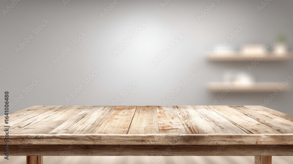 Poster rustic wooden table surface with blurred background, ideal for product mockups and display presentat
