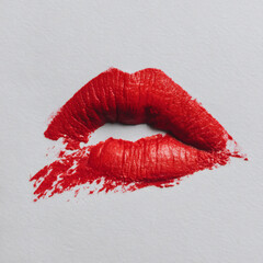 Fototapeta premium Close up of vibrant red lipstick smear creating a sensual kiss imprint on a neutral background