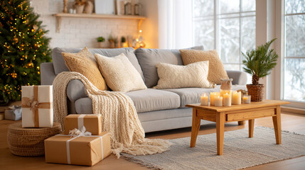 Fototapeta premium Cozy home interior with sofa and fireplace, decorated Christmas tree for New Year celebration.