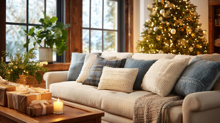 Fototapeta premium Festive living room design with holiday decor, presents under Christmas tree, morning sunlight.