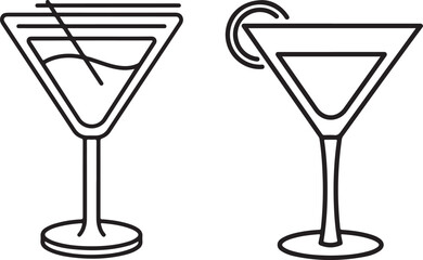 Two martini glasses with different garnishes, black and white vector illustration