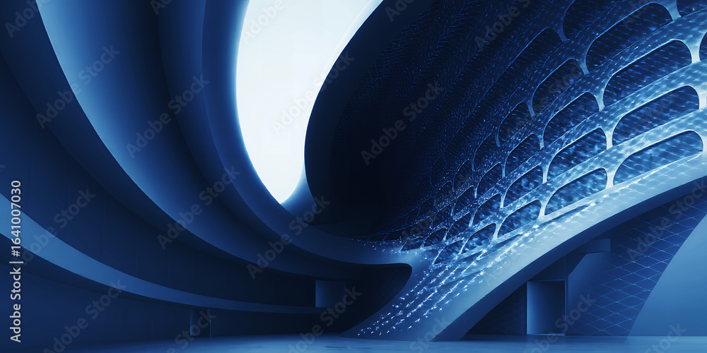 Poster abstract blue architectural structure with curved lines and geometric patterns visible inside