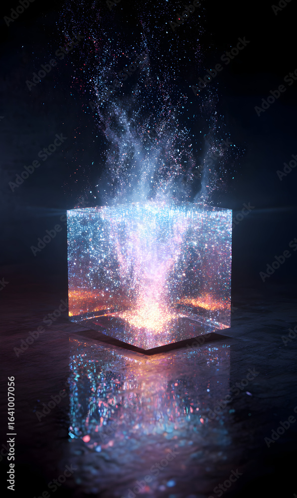 Poster abstract glowing cube emitting energy particles creating stunning visual effect for innovative techn