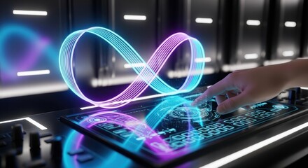 Futuristic interface interaction with glowing infinity symbol and server room setting