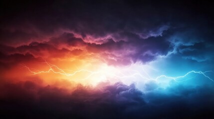 Obraz premium Colorful lightning strikes through dark storm clouds at dusk