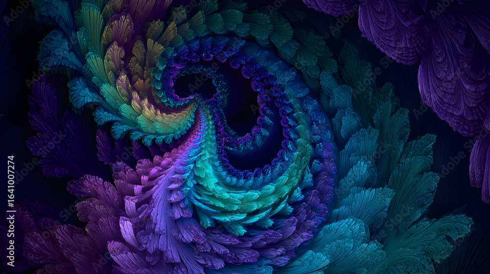 Poster abstract fractal design with vibrant turquoise and purple hues radiating from a central vortex creat