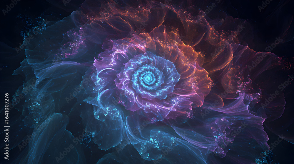 Poster intricate fractal flower with ethereal glow in blues purples and oranges creating a mesmerizing visu